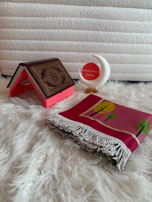 Kids Islamic Gift Set including a Quran holder,Prayer mat and a Customized Hilal with Your name and ramadan mubarak written on it