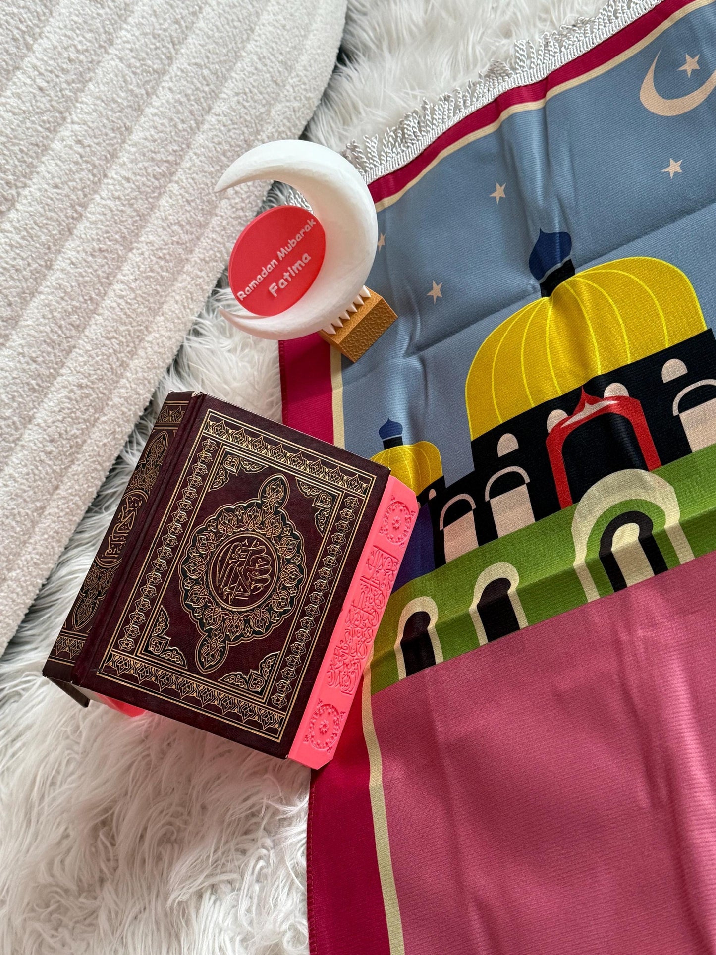 Kids Islamic Gift Set including a Quran holder,Prayer mat and a Customized Hilal with Your name and ramadan mubarak written on it