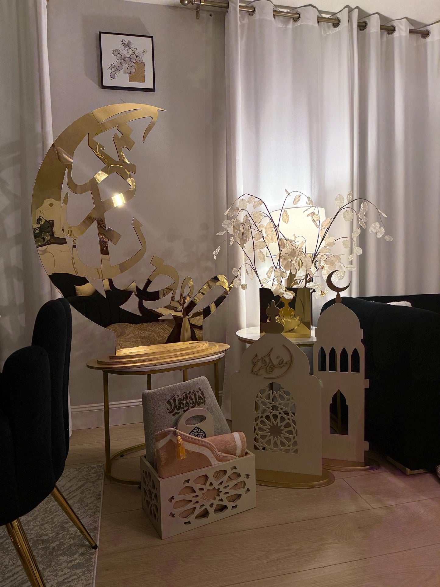 Large Crescent Moon Islamic Decor | Ramadan Eid Luxury Hilal Tree | Acrylic & Wood Floor Stand 2–4 ft