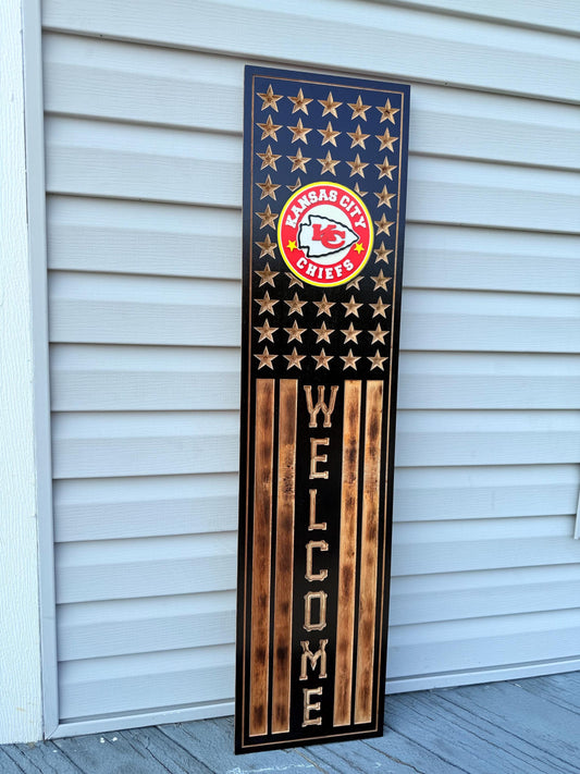 Kansas City Chiefs Wooden Welcome Sign | Rustic USA Flag Decor | Personalized NFL Team Wall Art