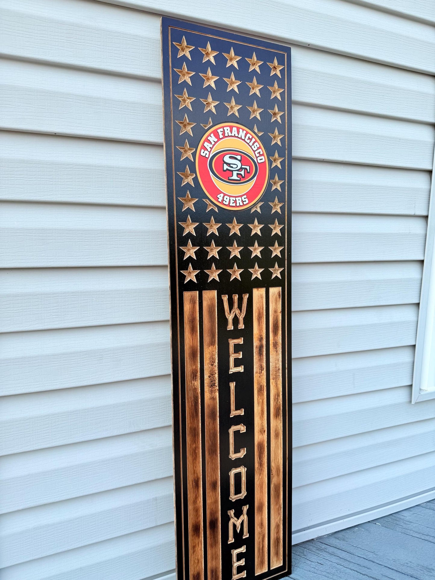 San Francisco 49ers Rustic Wooden Welcome Sign | USA Flag NFL Wall Art | Handmade Football Fan Decor