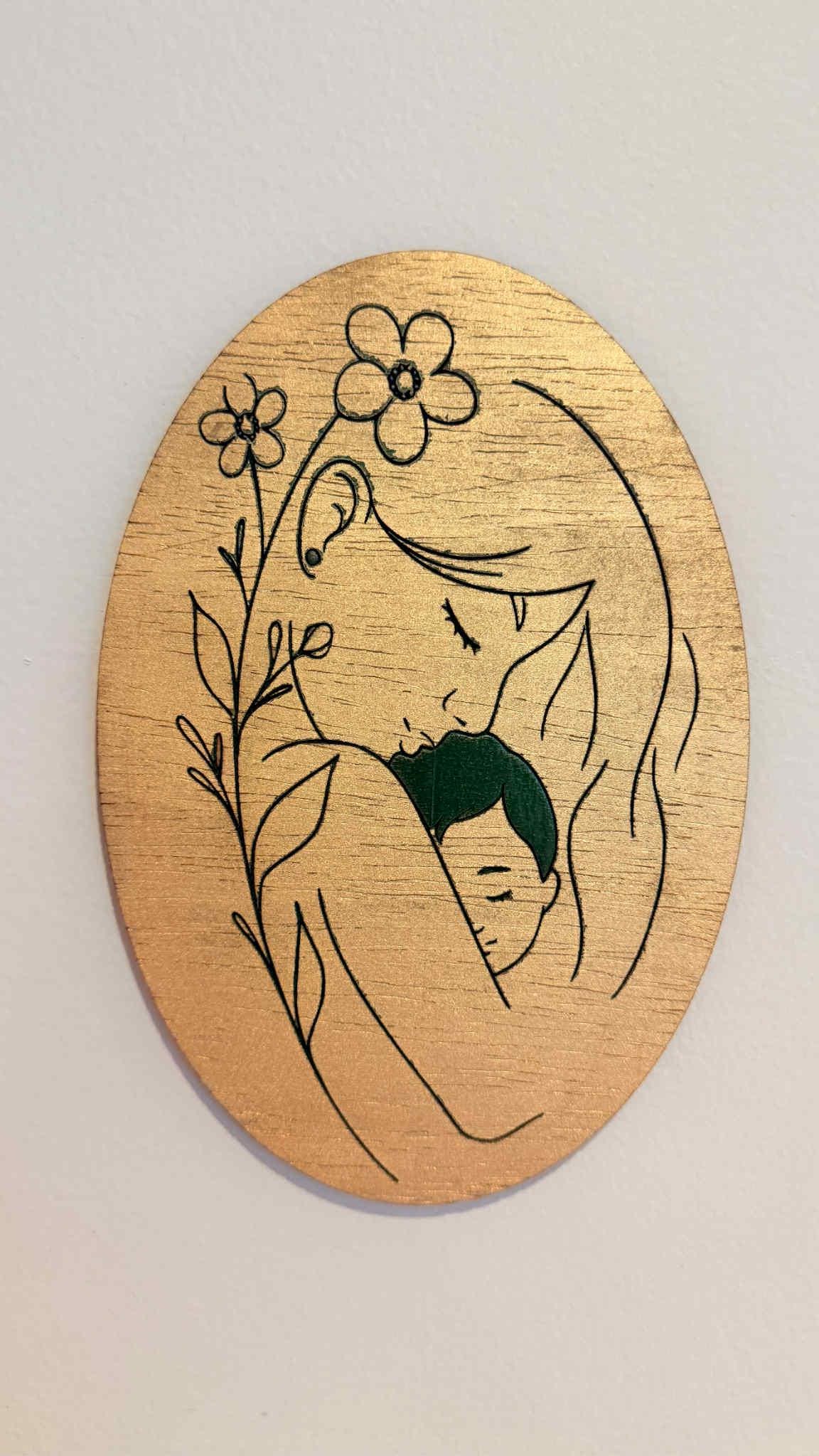 Mother and Child Wooden Wall Art – Minimalist Line Art Engraving on Oval Wood Plaque – Mother's Love Home Decor Gift