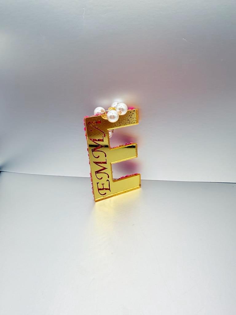 Custom Acrylic Car Hanging – Floral Gold Mirror Initial with Pearls – Unisex Rearview Mirror Charm – Single or Pair – Aesthetic Gift