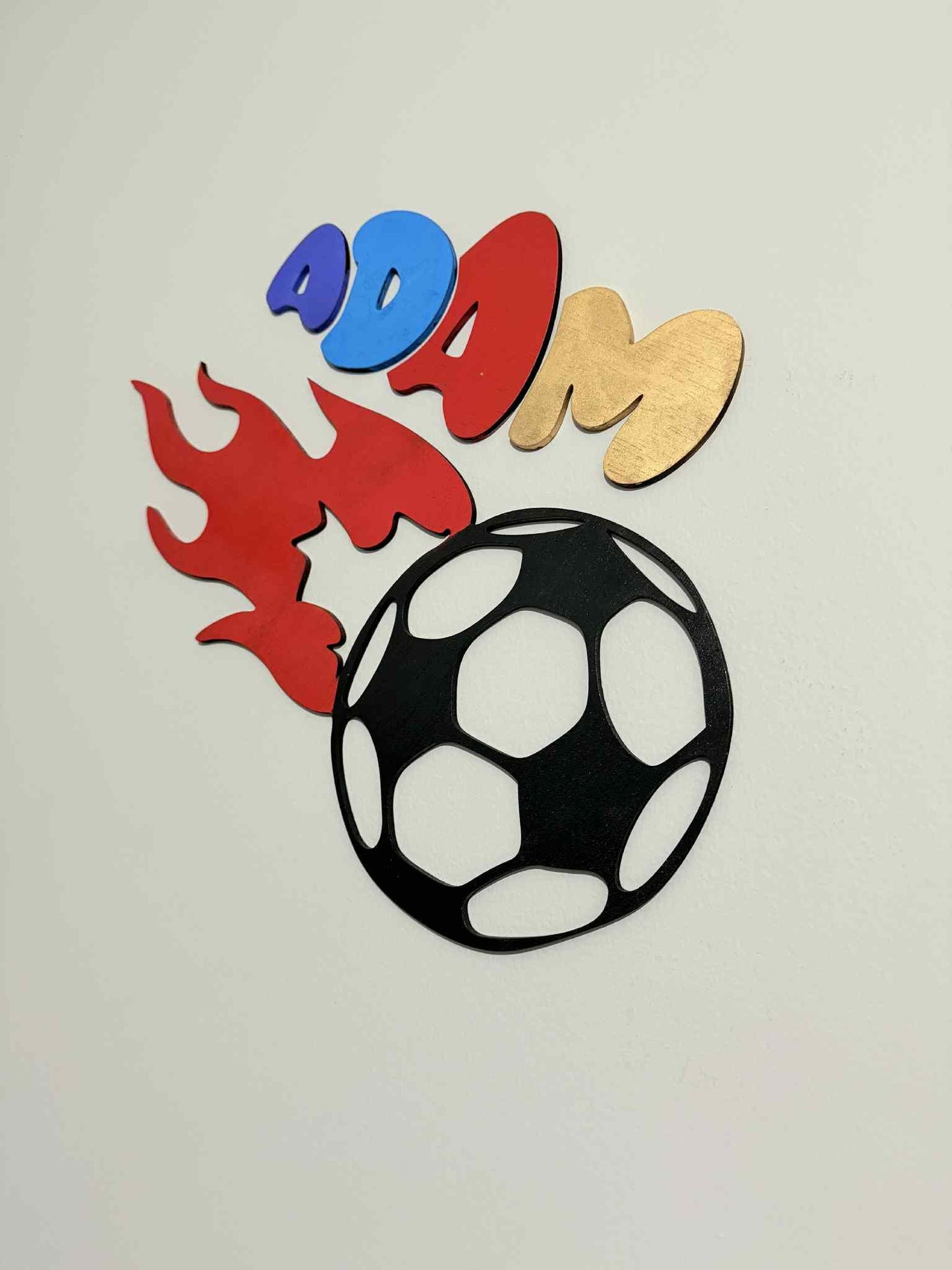 Custom Soccer Name Sign – Kids Sports Wall Decor with Fire Design – 3 Sizes – Personalized Wood Name Plaque