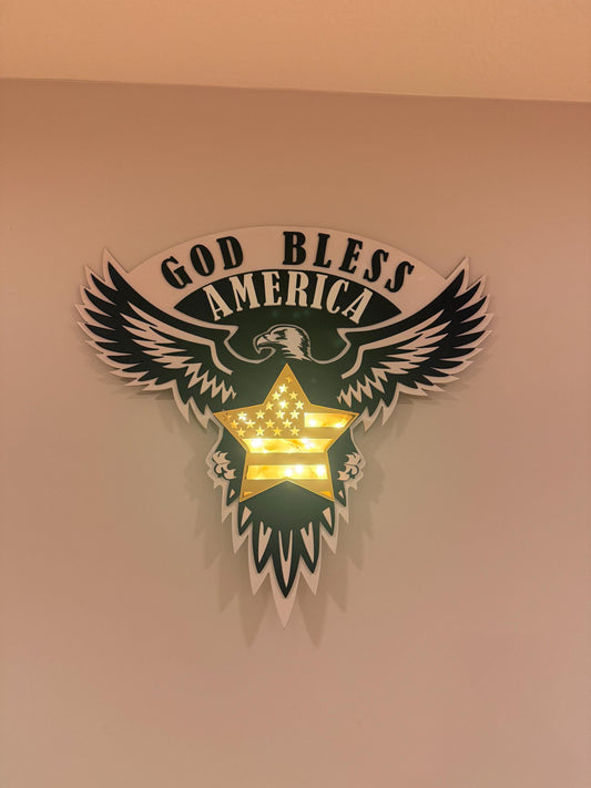 Patriotic Wall Art | God Bless America Eagle & Star | LED Light or Mirror Acrylic | Handmade USA Décor
