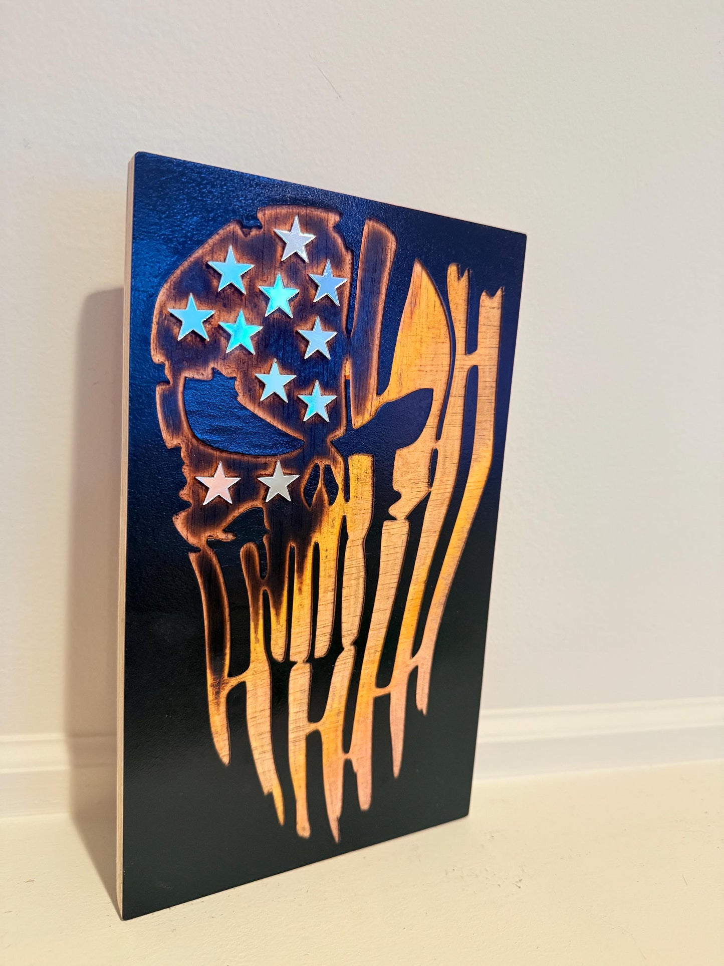 Rustic Punisher Flag Wood Wall Art – Black Engraved Wood with Satin Burn & Acrylic Mirror