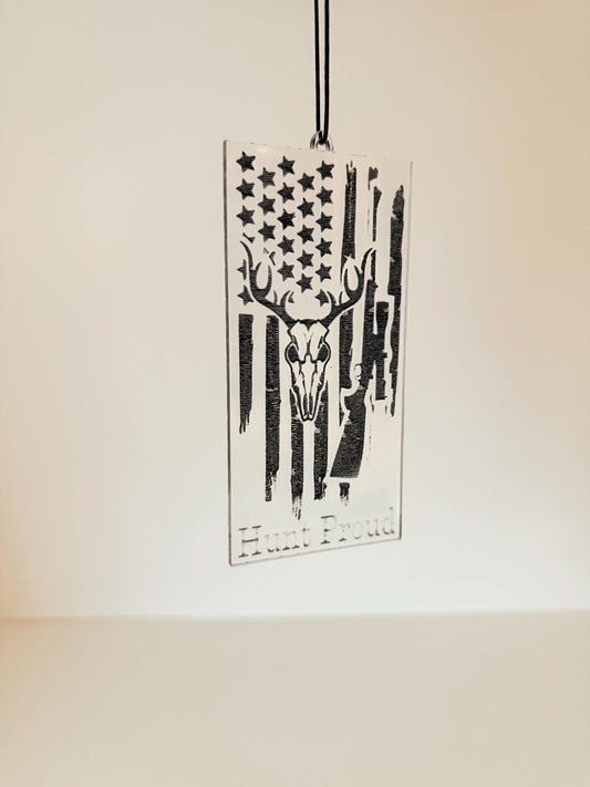 Hunt Proud Car Charm | American Flag Deer Skull Acrylic Pendant | Patriotic Hunter Gift