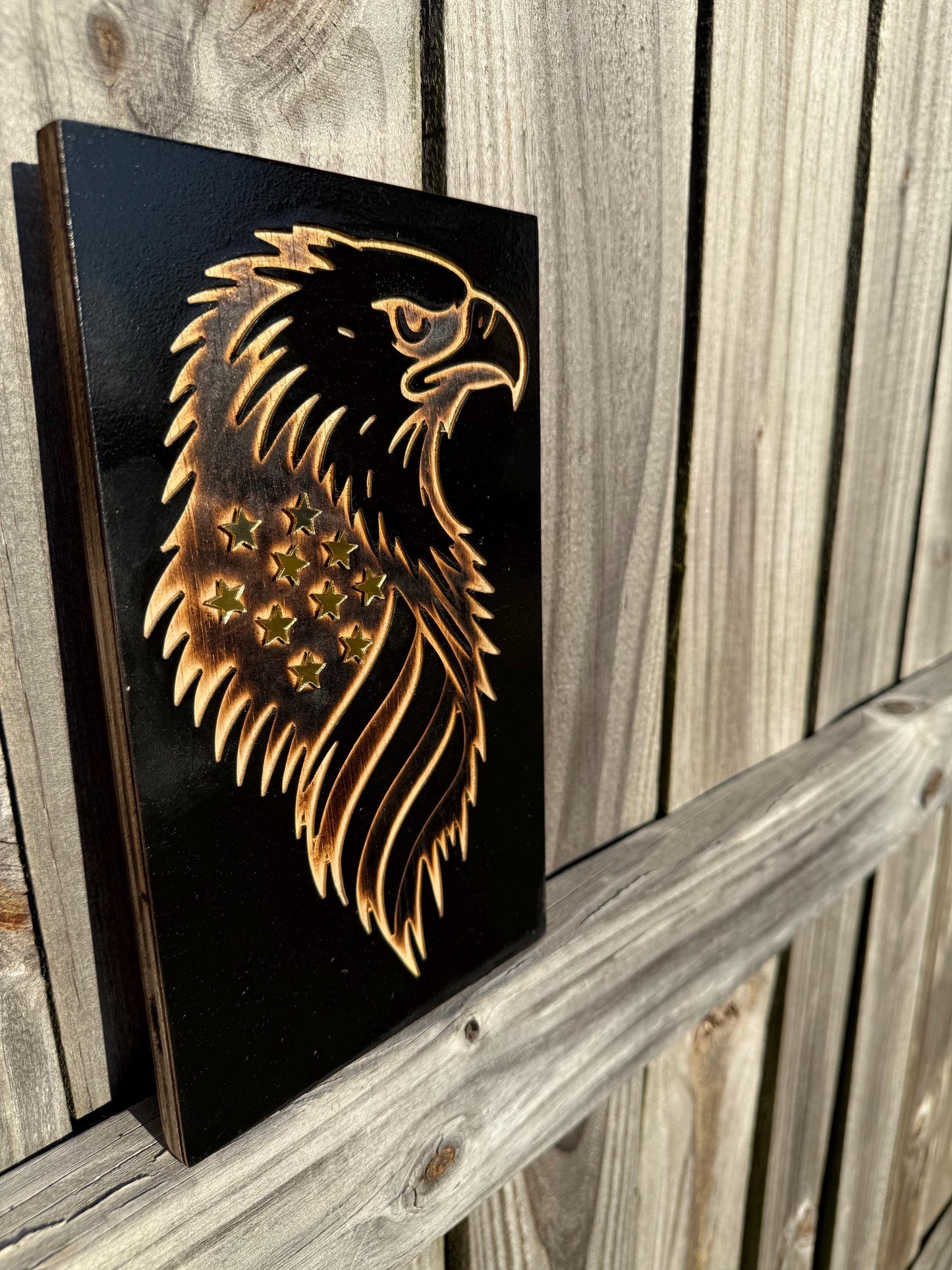 Rustic Eagle Wood Sign / Wall Art – Patriotic American Flag Décor with Mirror Stars