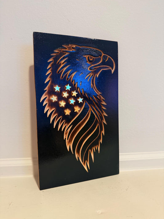 Rustic Eagle Wood Sign / Wall Art – Patriotic American Flag Décor with Mirror Stars