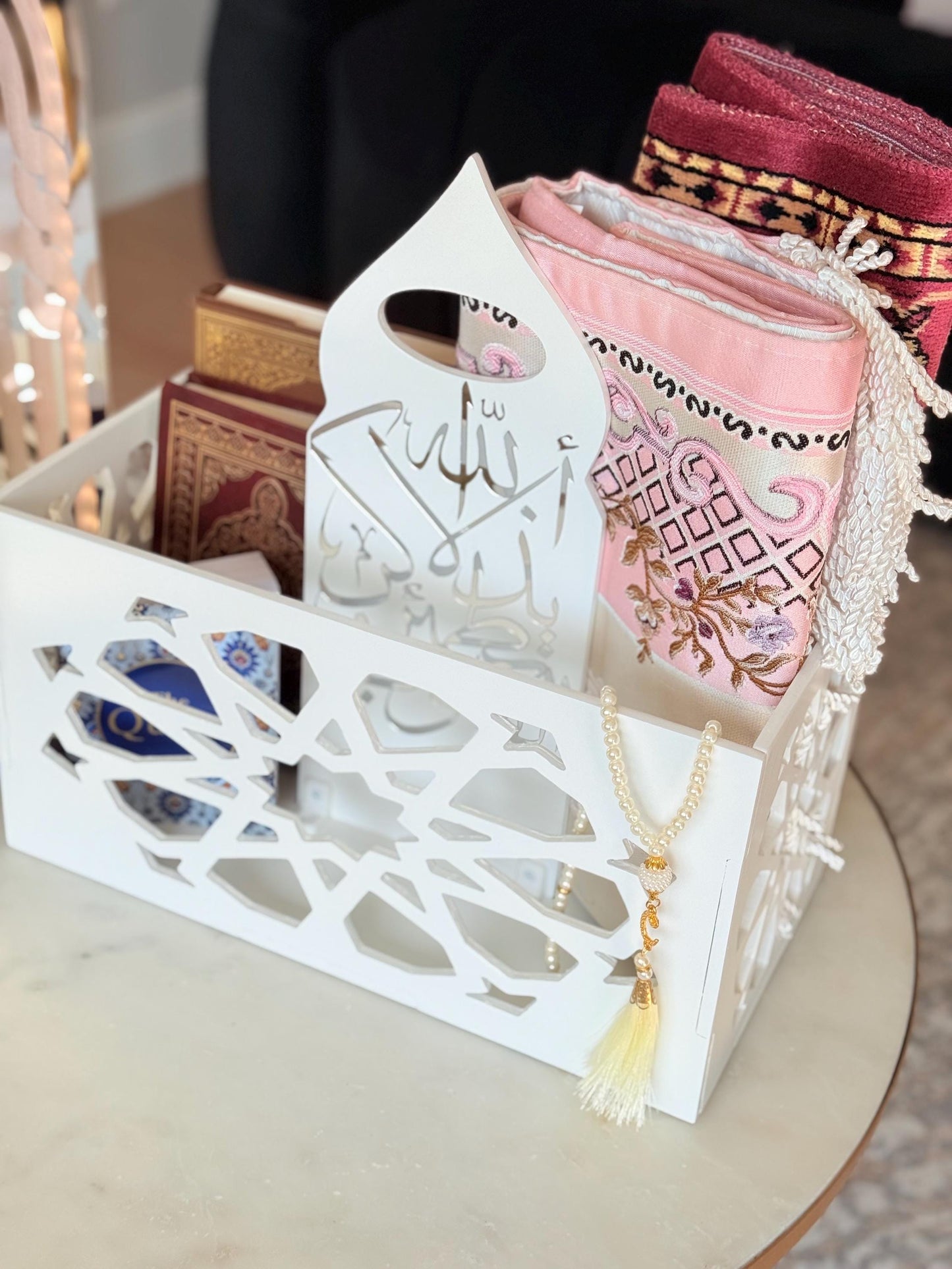 Luxury Handmade Islamic Prayer Box – Arabic Calligraphy Organizer | “Ala BiDhikr Allah Tatmain AlQuloob” | Quran & Prayer Décor Gift