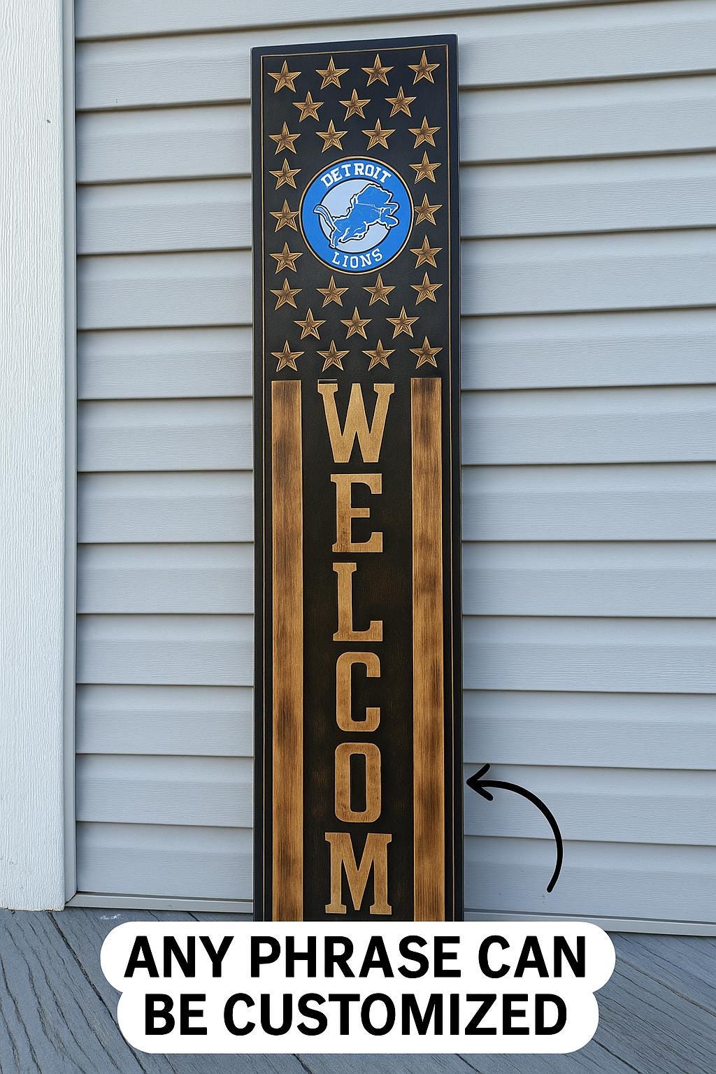 Detroit Lions Rustic Wooden Welcome Sign | USA Flag NFL Wall Art | Handmade Football Fan Decor