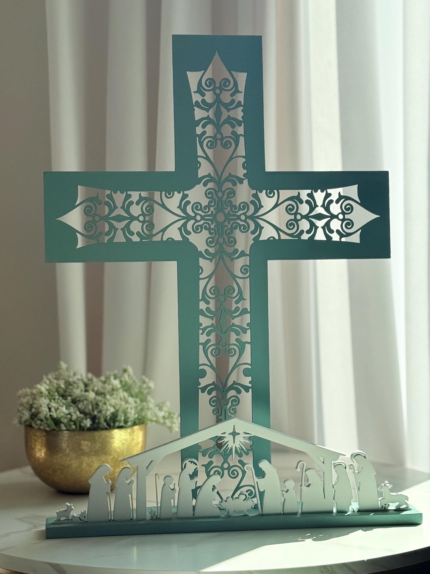 Handmade Wooden Nativity Cross – Laser Cut Christmas Cross with Nativity Scene | Religious Christian Décor | Free Shipping