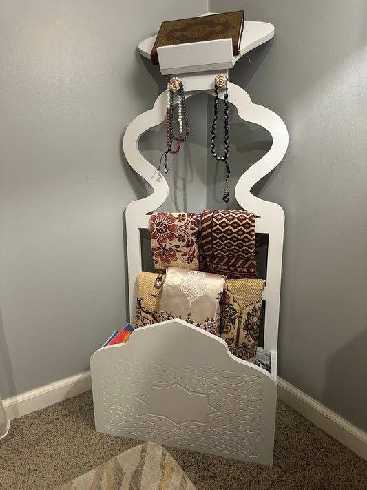 Islamic Prayer Stand with Quran Holder | Trending Muslim Home Decor | Handmade Wooden Prayer Shelf Organizer