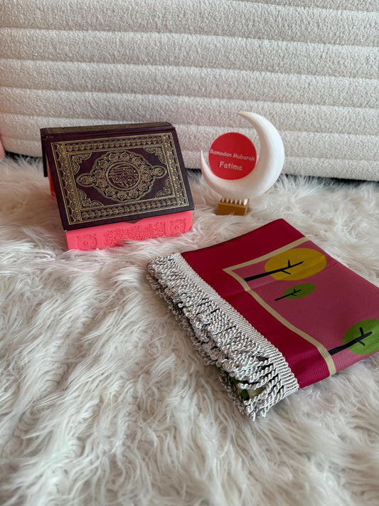 Kids Islamic Gift Set including a Quran holder,Prayer mat and a Customized Hilal with Your name and ramadan mubarak written on it
