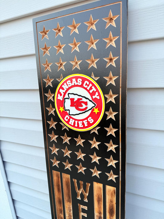 Kansas City Chiefs Wooden Welcome Sign | Rustic USA Flag Decor | Personalized NFL Team Wall Art