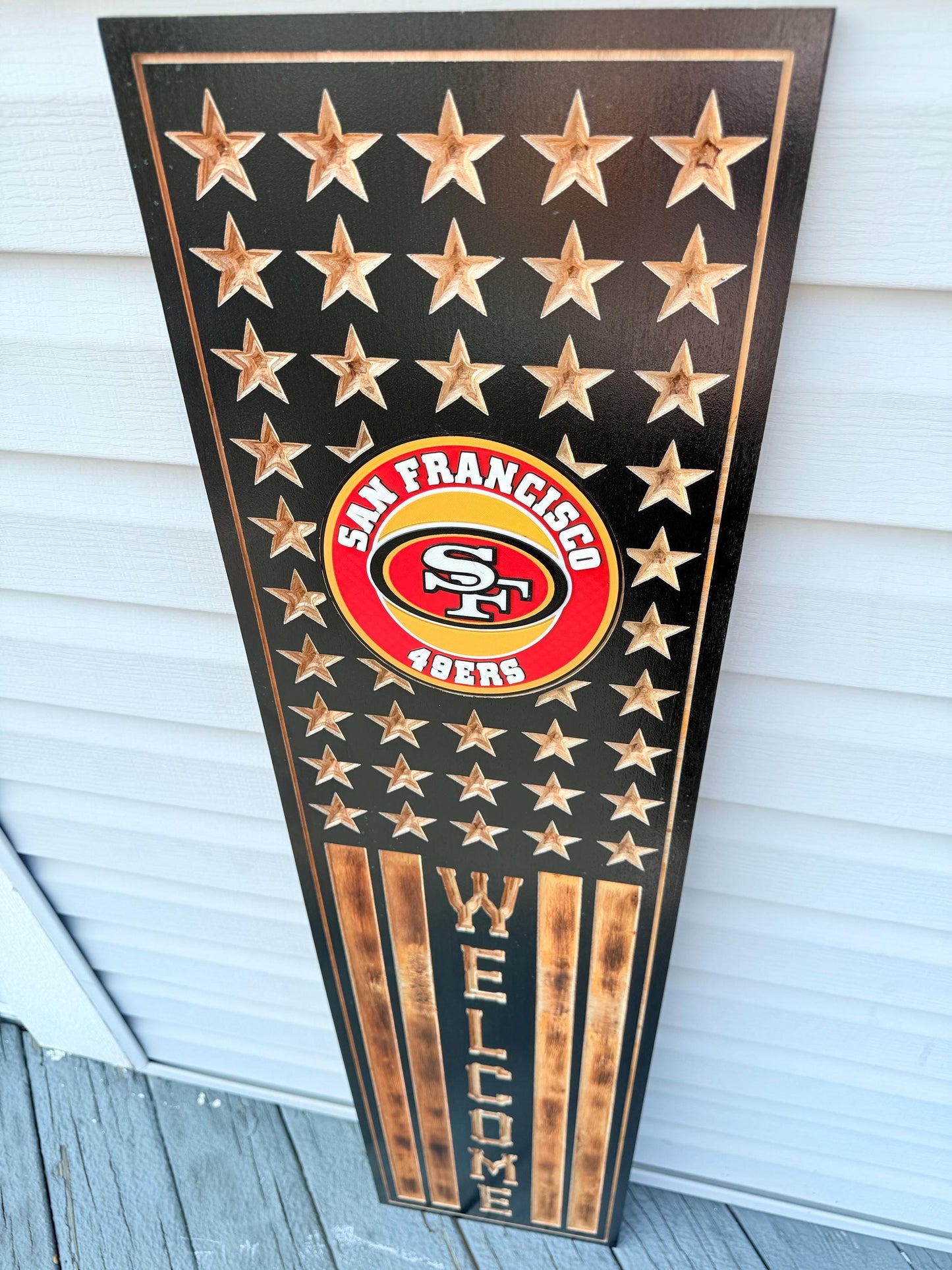 San Francisco 49ers Rustic Wooden Welcome Sign | USA Flag NFL Wall Art | Handmade Football Fan Decor