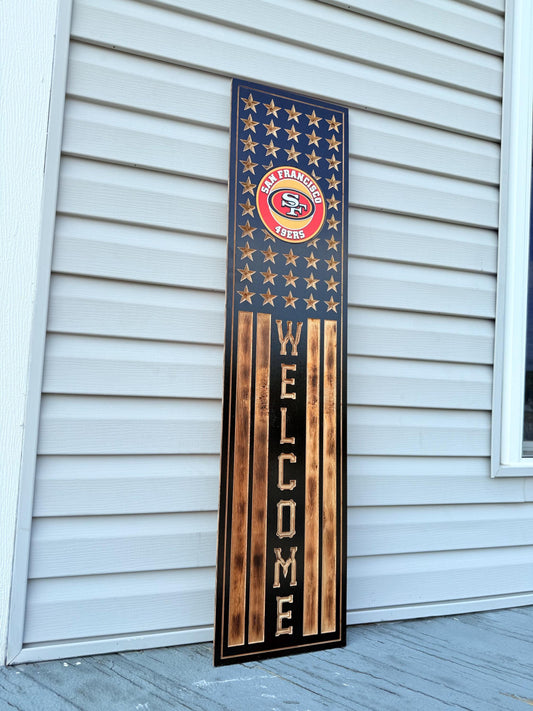 San Francisco 49ers Rustic Wooden Welcome Sign | USA Flag NFL Wall Art | Handmade Football Fan Decor