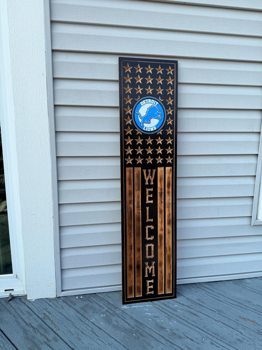 Detroit Lions Rustic Wooden Welcome Sign | USA Flag NFL Wall Art | Handmade Football Fan Decor