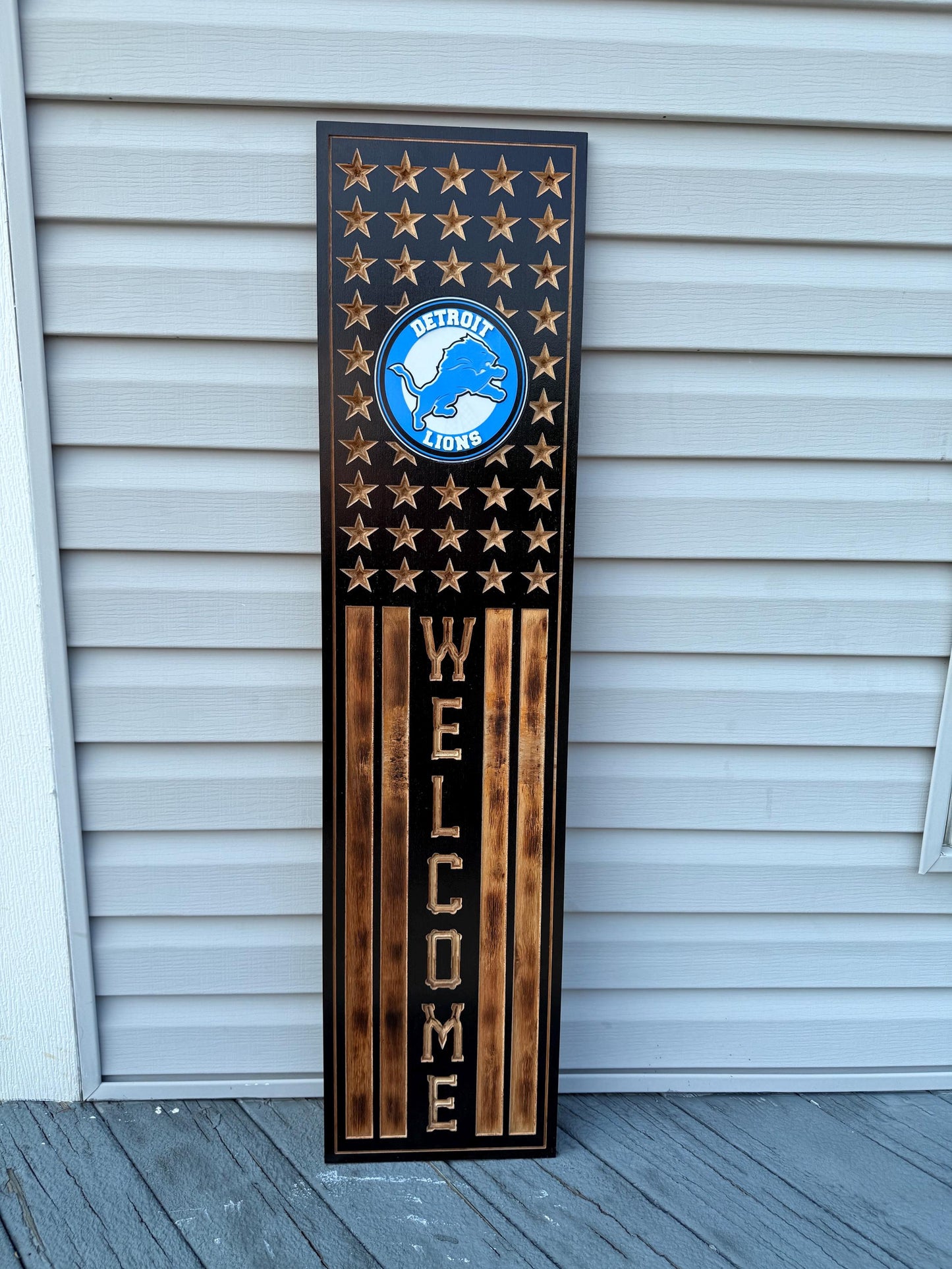 Detroit Lions Rustic Wooden Welcome Sign | USA Flag NFL Wall Art | Handmade Football Fan Decor