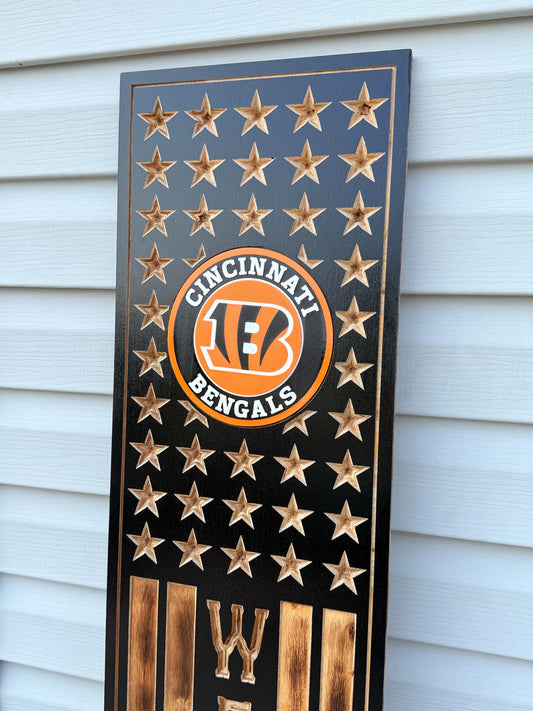 Cincinnati Bengals Rustic Wooden Welcome Sign | USA Flag NFL Wall Decor | Handmade Football Fan Gift