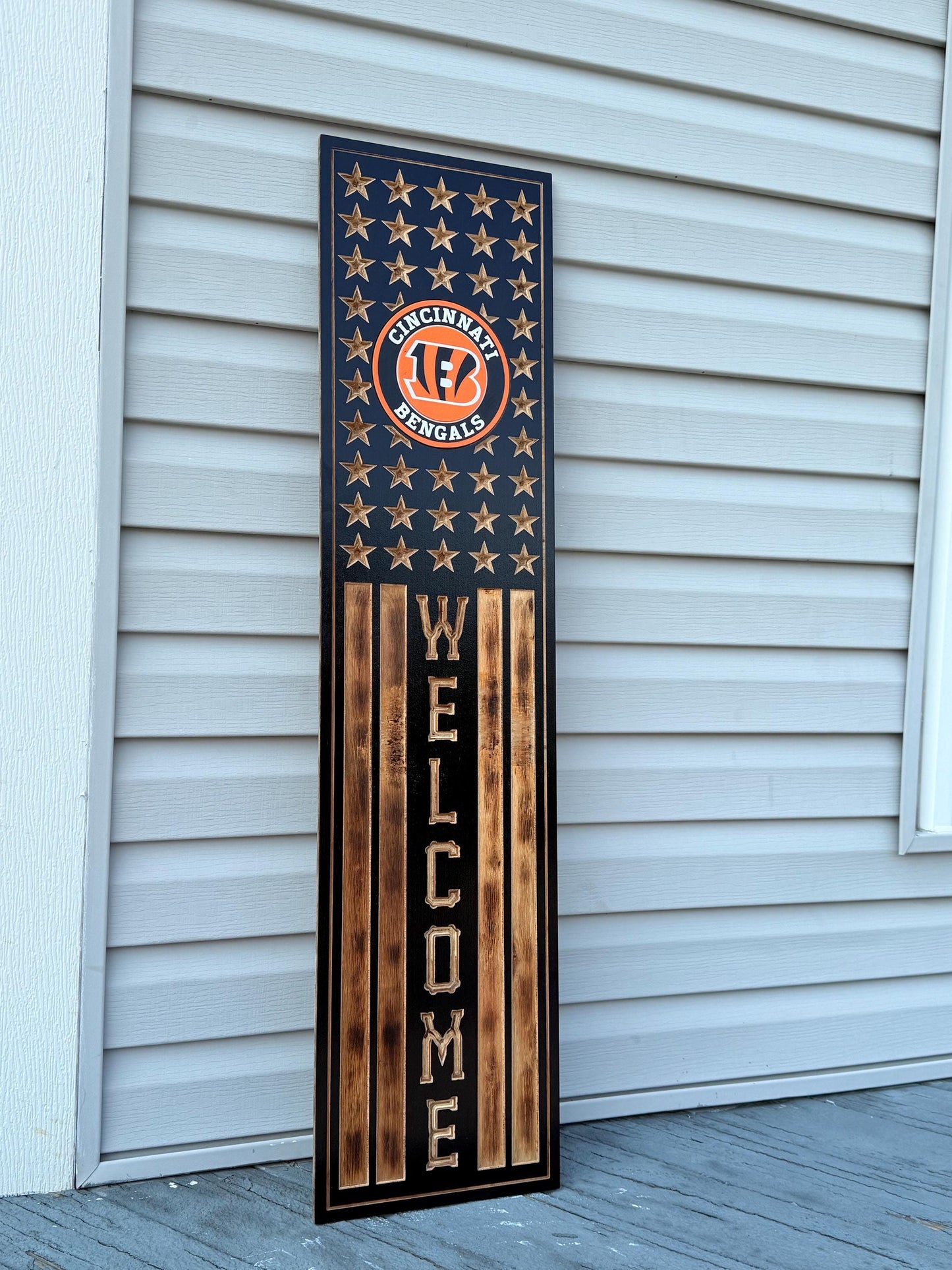 Cincinnati Bengals Rustic Wooden Welcome Sign | USA Flag NFL Wall Decor | Handmade Football Fan Gift