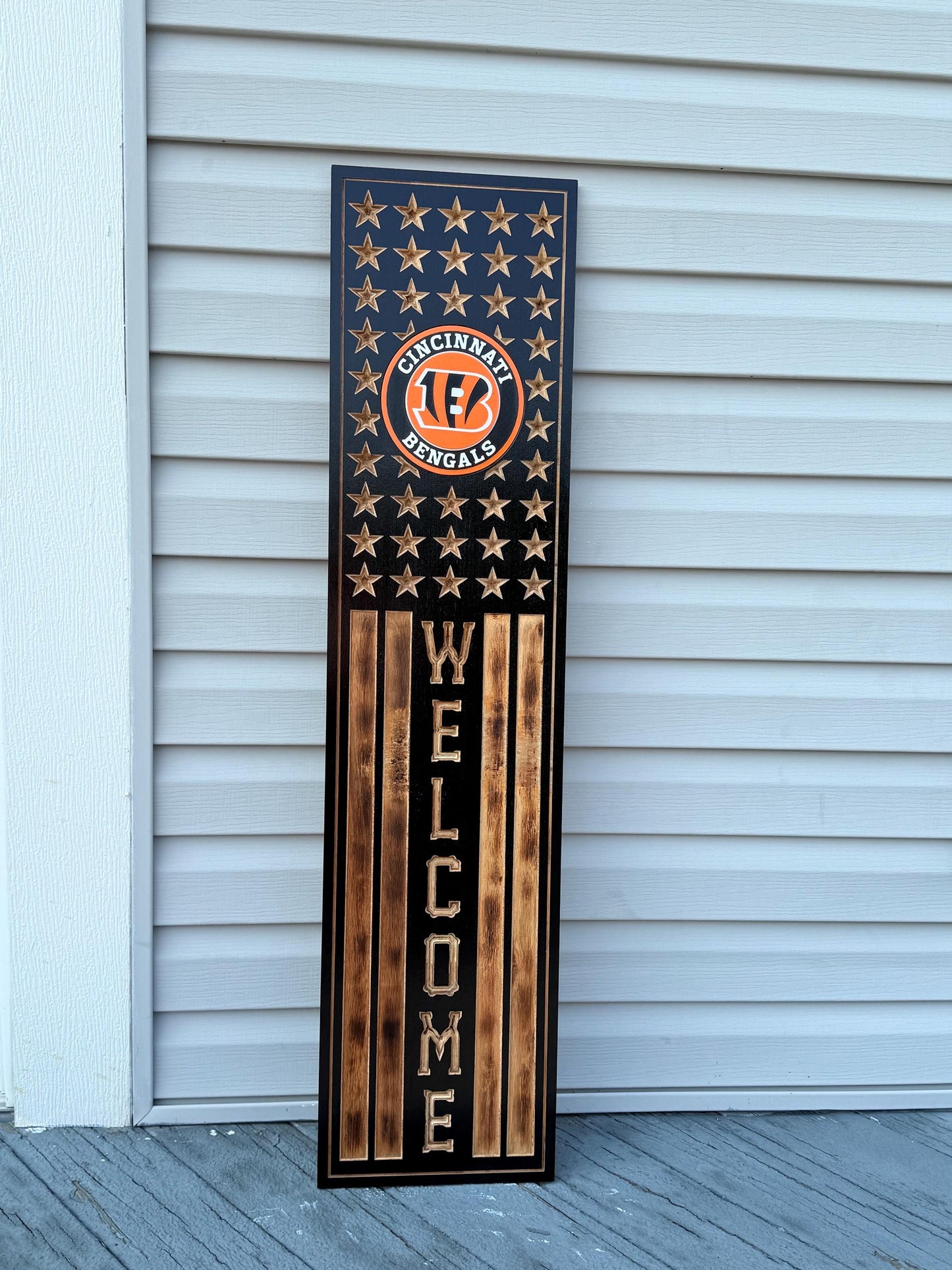 Cincinnati Bengals Rustic Wooden Welcome Sign | USA Flag NFL Wall Decor | Handmade Football Fan Gift