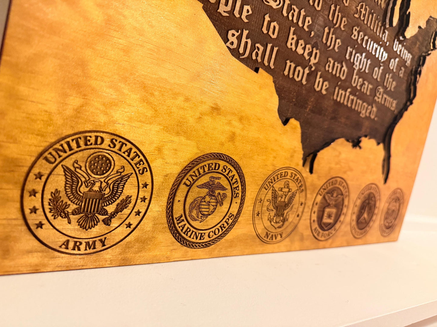 Handmade Wooden 2nd Amendment Wall Art with LED Lights – Patriotic Military Decor USA Map