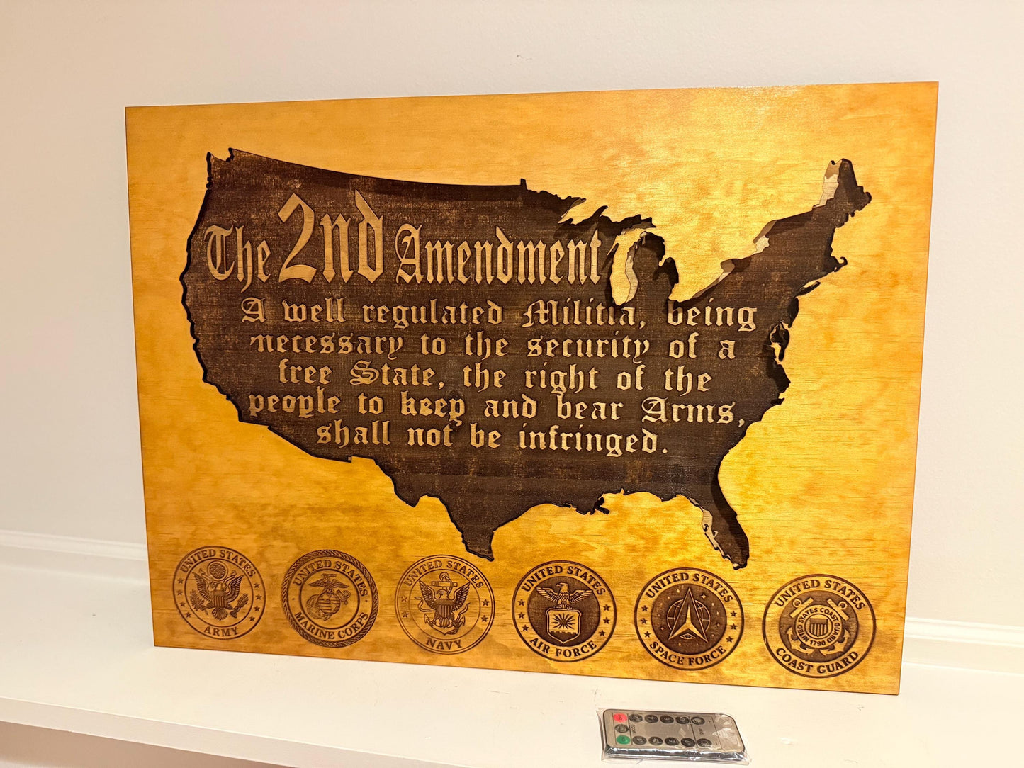 Handmade Wooden 2nd Amendment Wall Art with LED Lights – Patriotic Military Decor USA Map