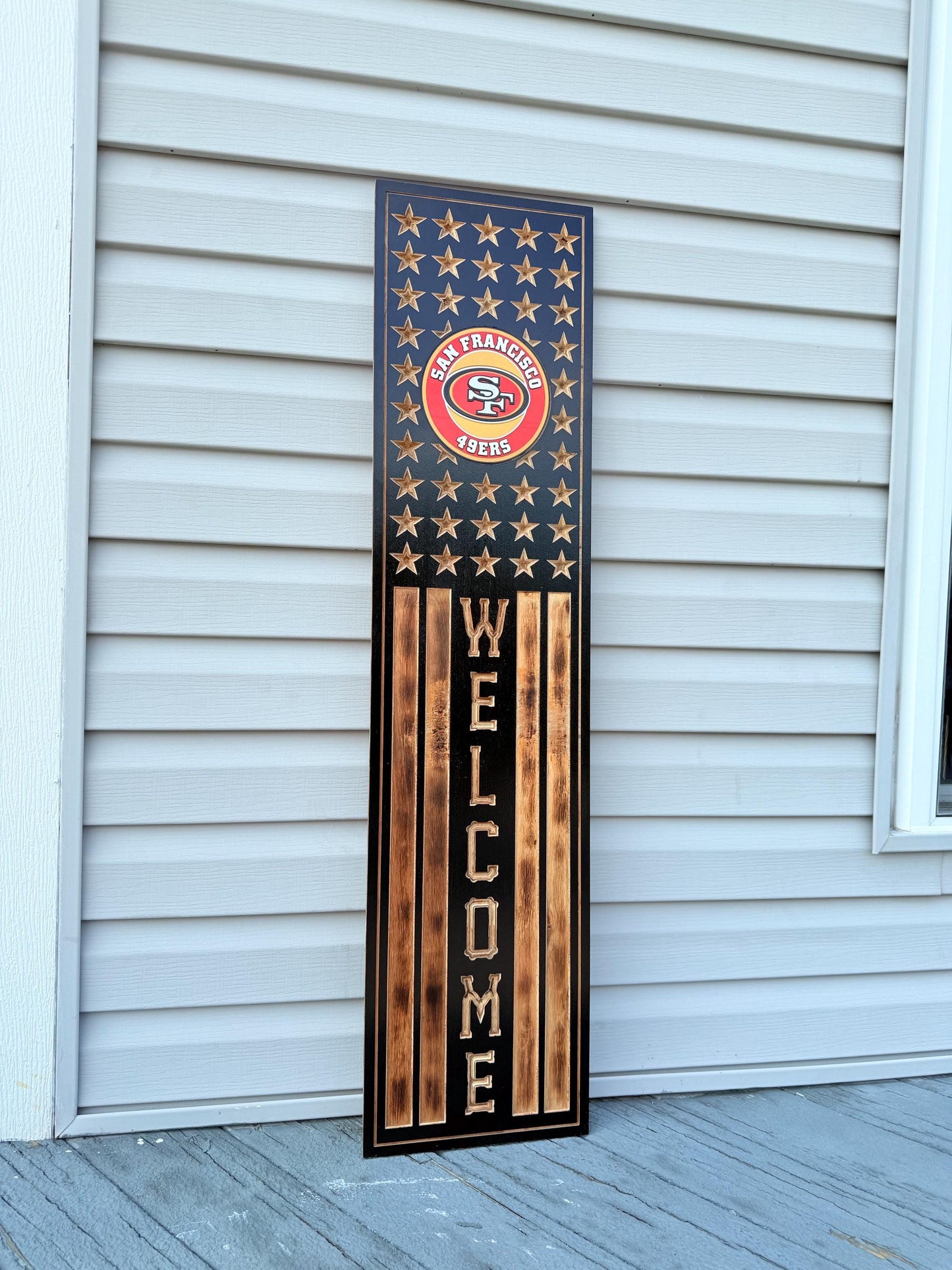 San Francisco 49ers Rustic Wooden Welcome Sign | USA Flag NFL Wall Art | Handmade Football Fan Decor