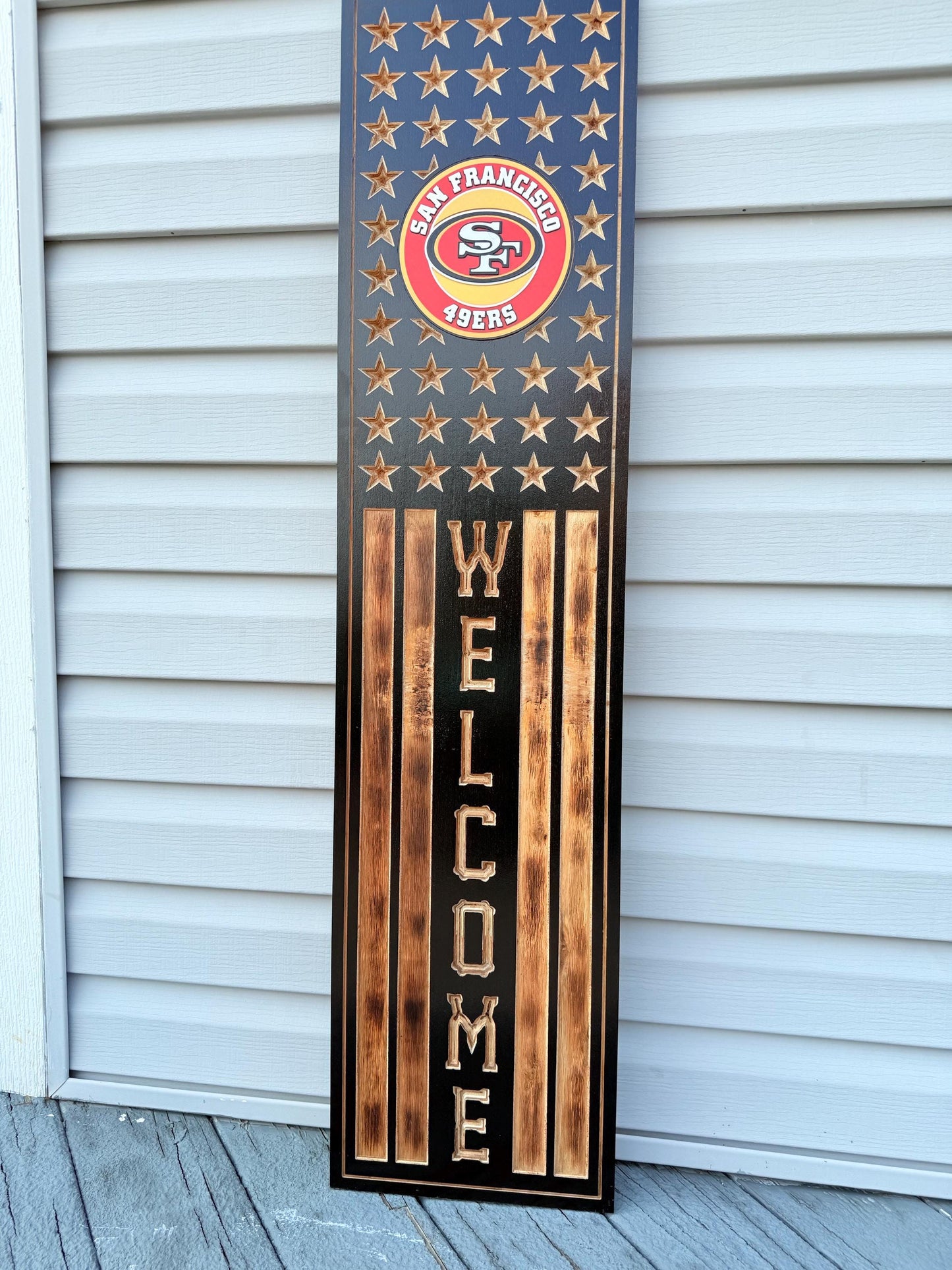 San Francisco 49ers Rustic Wooden Welcome Sign | USA Flag NFL Wall Art | Handmade Football Fan Decor