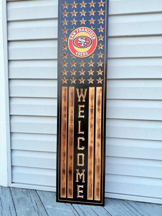 San Francisco 49ers Rustic Wooden Welcome Sign | USA Flag NFL Wall Art | Handmade Football Fan Decor