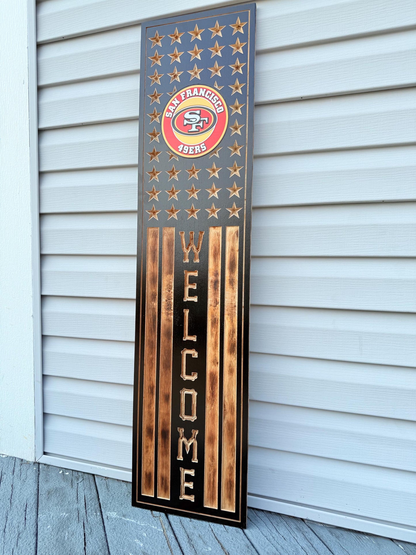 San Francisco 49ers Rustic Wooden Welcome Sign | USA Flag NFL Wall Art | Handmade Football Fan Decor