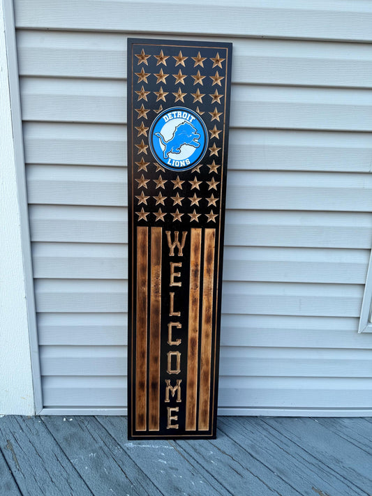 Detroit Lions Rustic Wooden Welcome Sign | USA Flag NFL Wall Art | Handmade Football Fan Decor