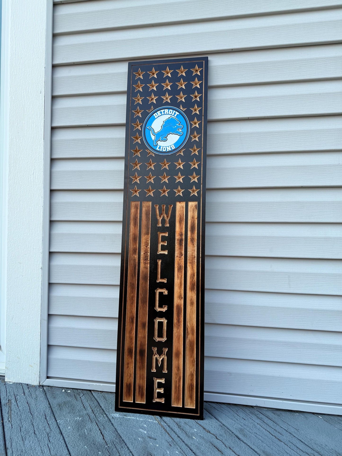 Detroit Lions Rustic Wooden Welcome Sign | USA Flag NFL Wall Art | Handmade Football Fan Decor