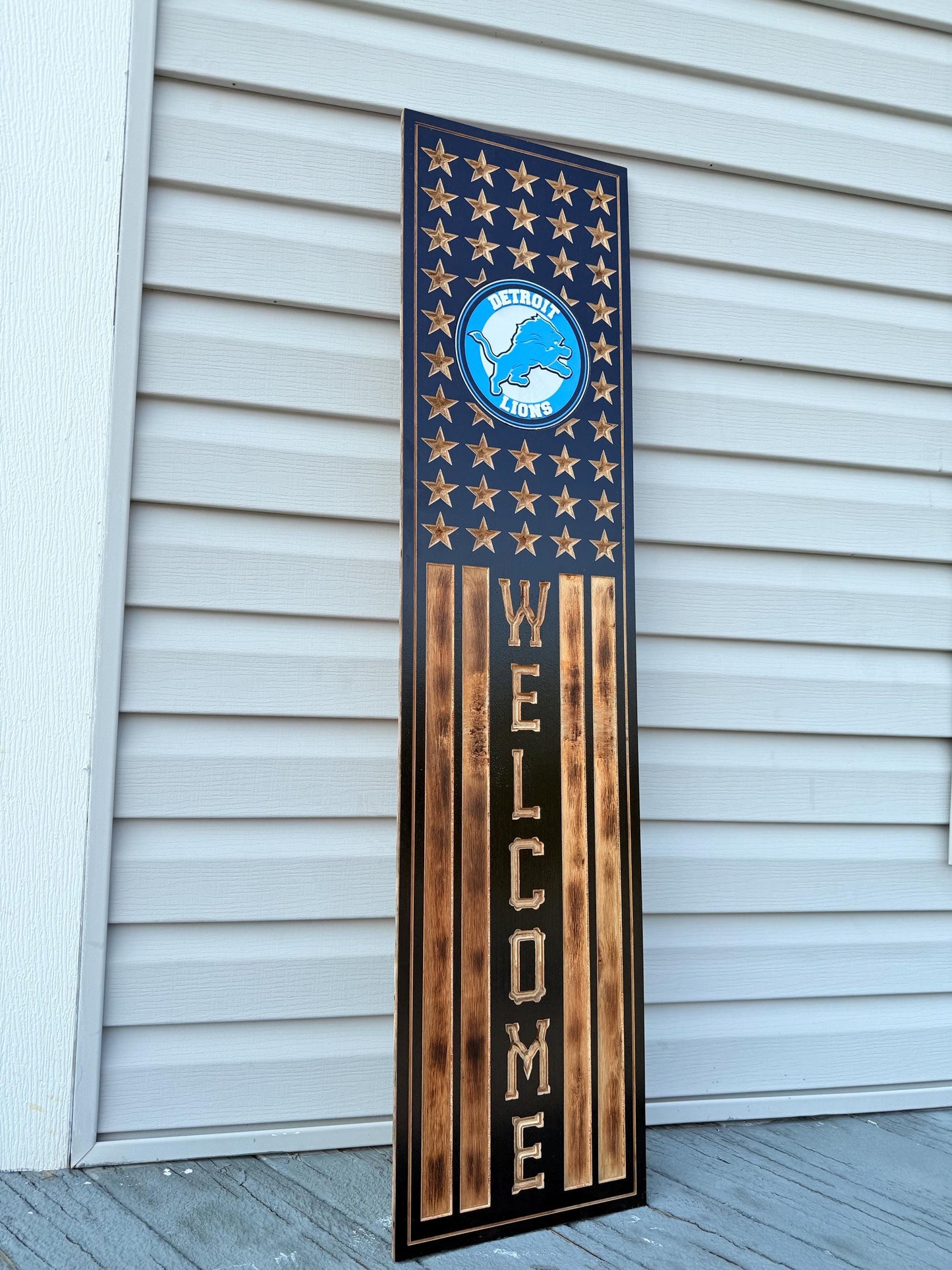 Detroit Lions Rustic Wooden Welcome Sign | USA Flag NFL Wall Art | Handmade Football Fan Decor