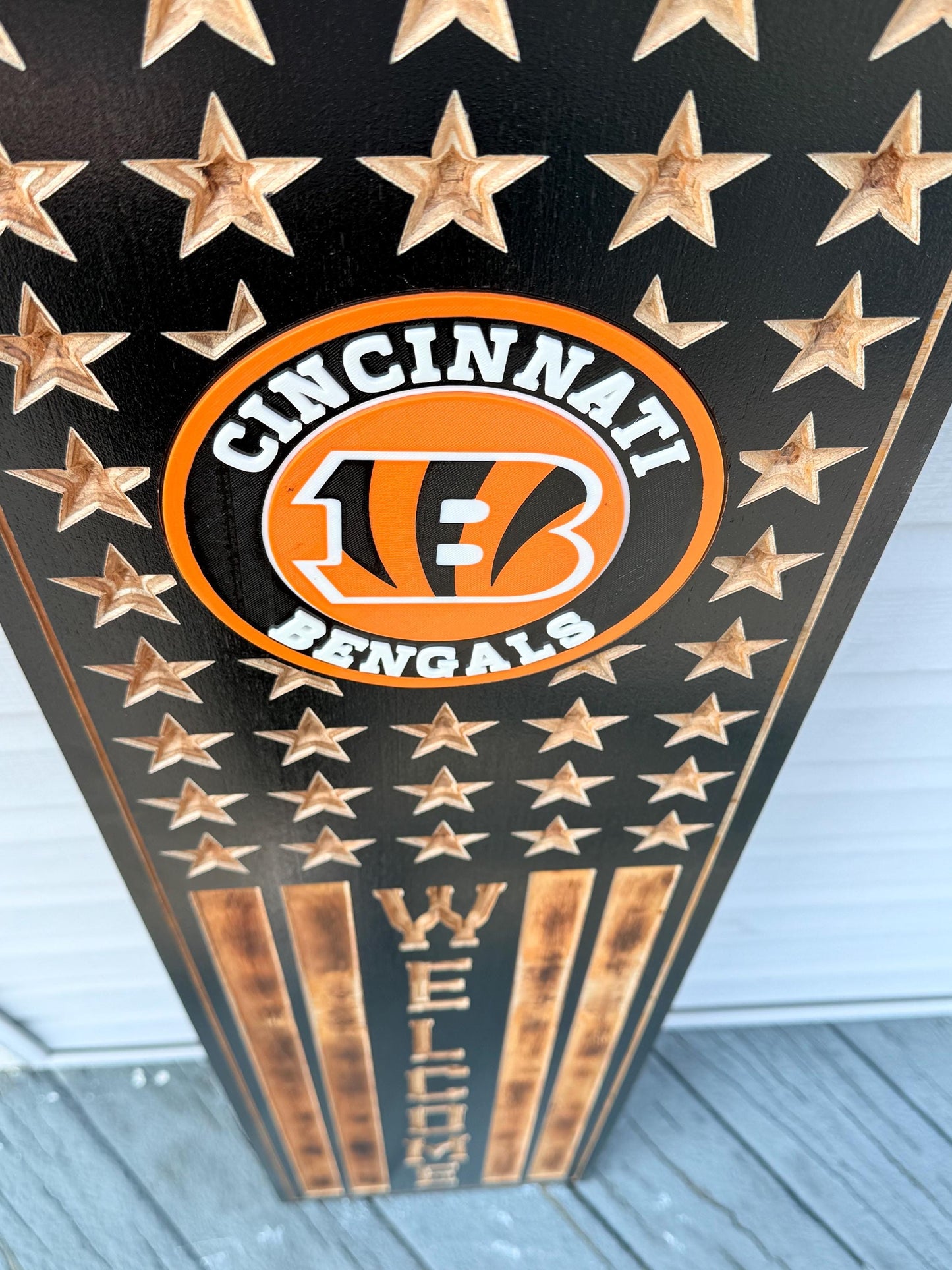 Cincinnati Bengals Rustic Wooden Welcome Sign | USA Flag NFL Wall Decor | Handmade Football Fan Gift