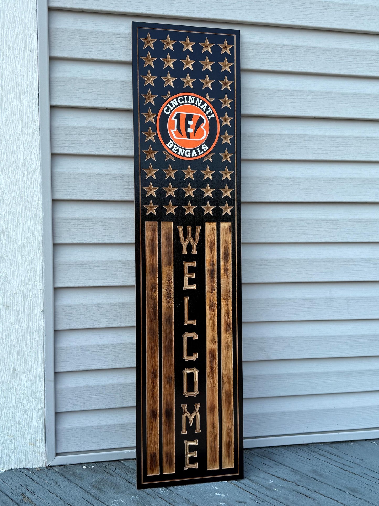 Cincinnati Bengals Rustic Wooden Welcome Sign | USA Flag NFL Wall Decor | Handmade Football Fan Gift