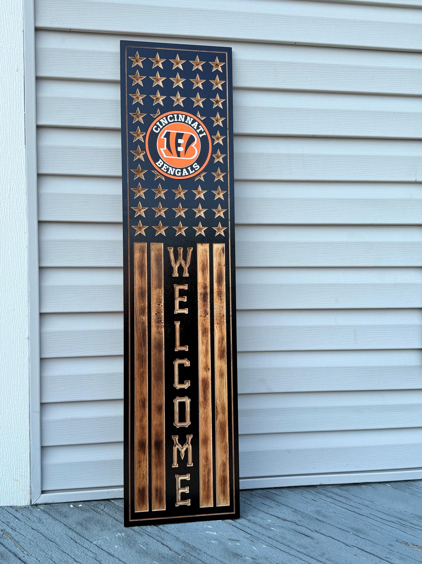 Cincinnati Bengals Rustic Wooden Welcome Sign | USA Flag NFL Wall Decor | Handmade Football Fan Gift