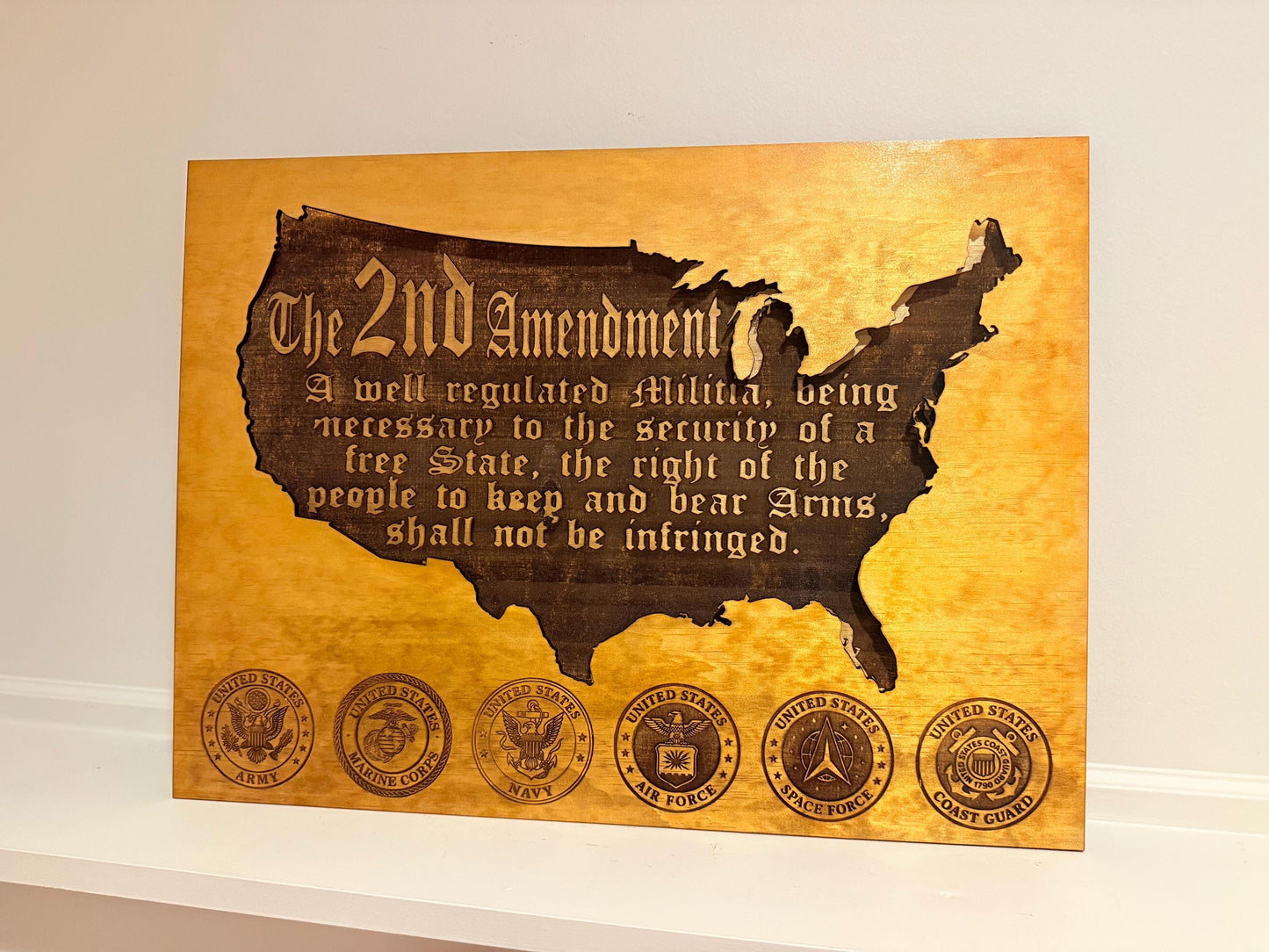 Handmade Wooden 2nd Amendment Wall Art with LED Lights – Patriotic Military Decor USA Map