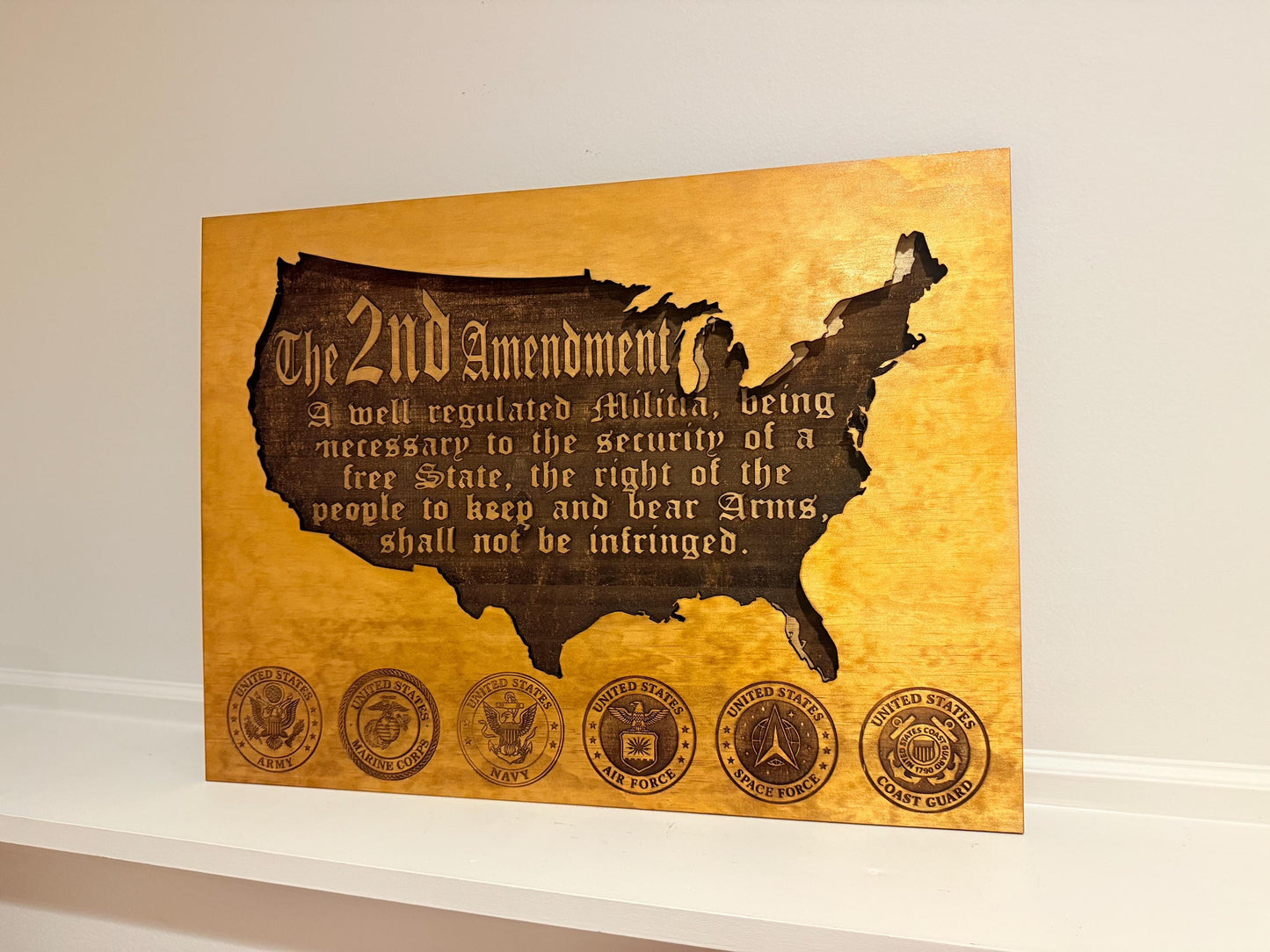 Handmade Wooden 2nd Amendment Wall Art with LED Lights – Patriotic Military Decor USA Map