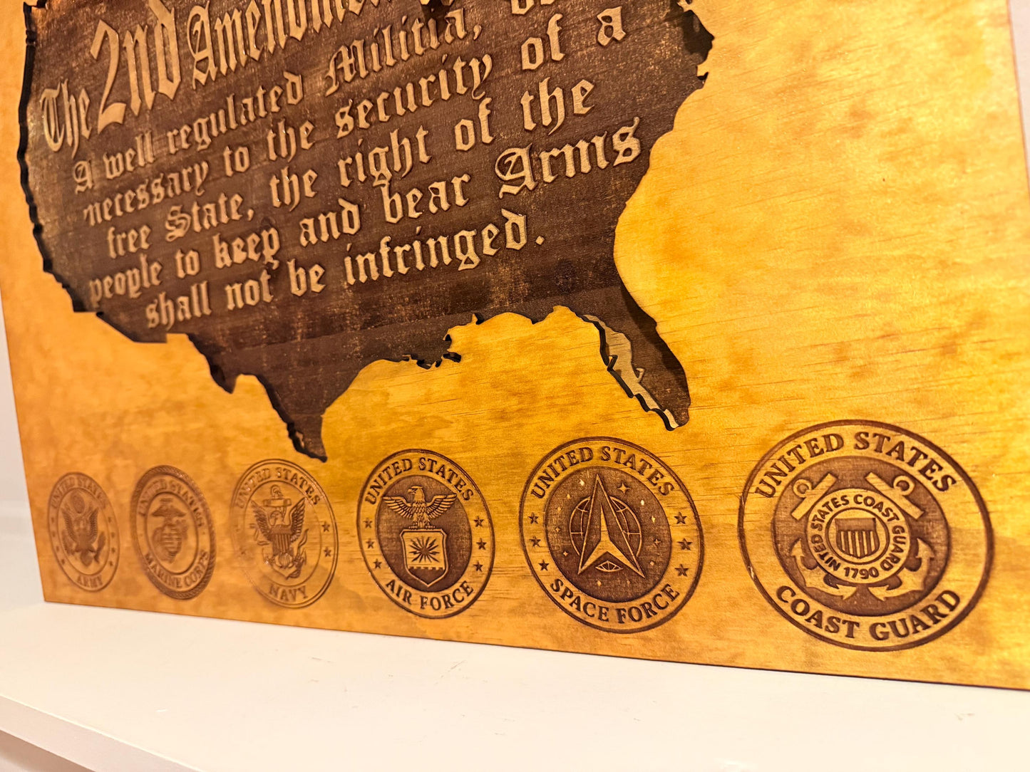 Handmade Wooden 2nd Amendment Wall Art with LED Lights – Patriotic Military Decor USA Map