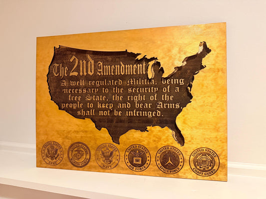 Handmade Wooden 2nd Amendment Wall Art with LED Lights – Patriotic Military Decor USA Map