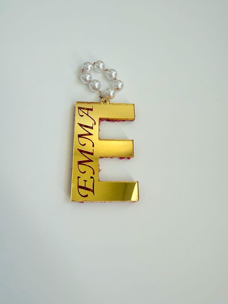 Custom Acrylic Car Hanging – Floral Gold Mirror Initial with Pearls – Unisex Rearview Mirror Charm – Single or Pair – Aesthetic Gift