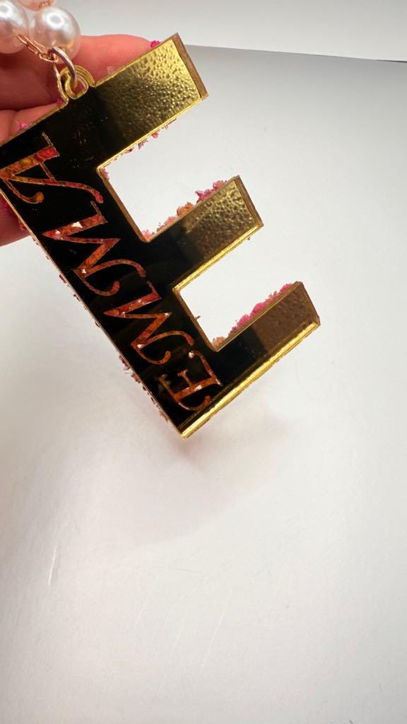 Custom Acrylic Car Hanging – Floral Gold Mirror Initial with Pearls – Unisex Rearview Mirror Charm – Single or Pair – Aesthetic Gift