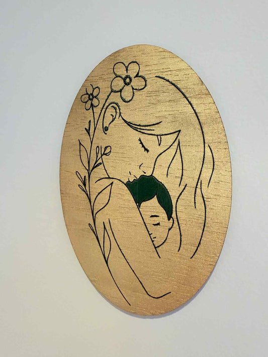 Mother and Child Wooden Wall Art – Minimalist Line Art Engraving on Oval Wood Plaque – Mother's Love Home Decor Gift