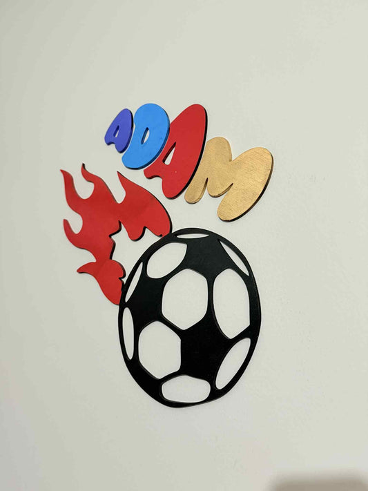 Custom Soccer Name Sign – Kids Sports Wall Decor with Fire Design – 3 Sizes – Personalized Wood Name Plaque