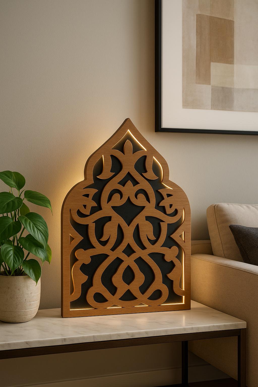 Backlit Wood Wall Art | LED Modern Boho Decor | Arabic-Inspired Geometric Panel | Custom Sizes Available | Entryway or Living Room Accent