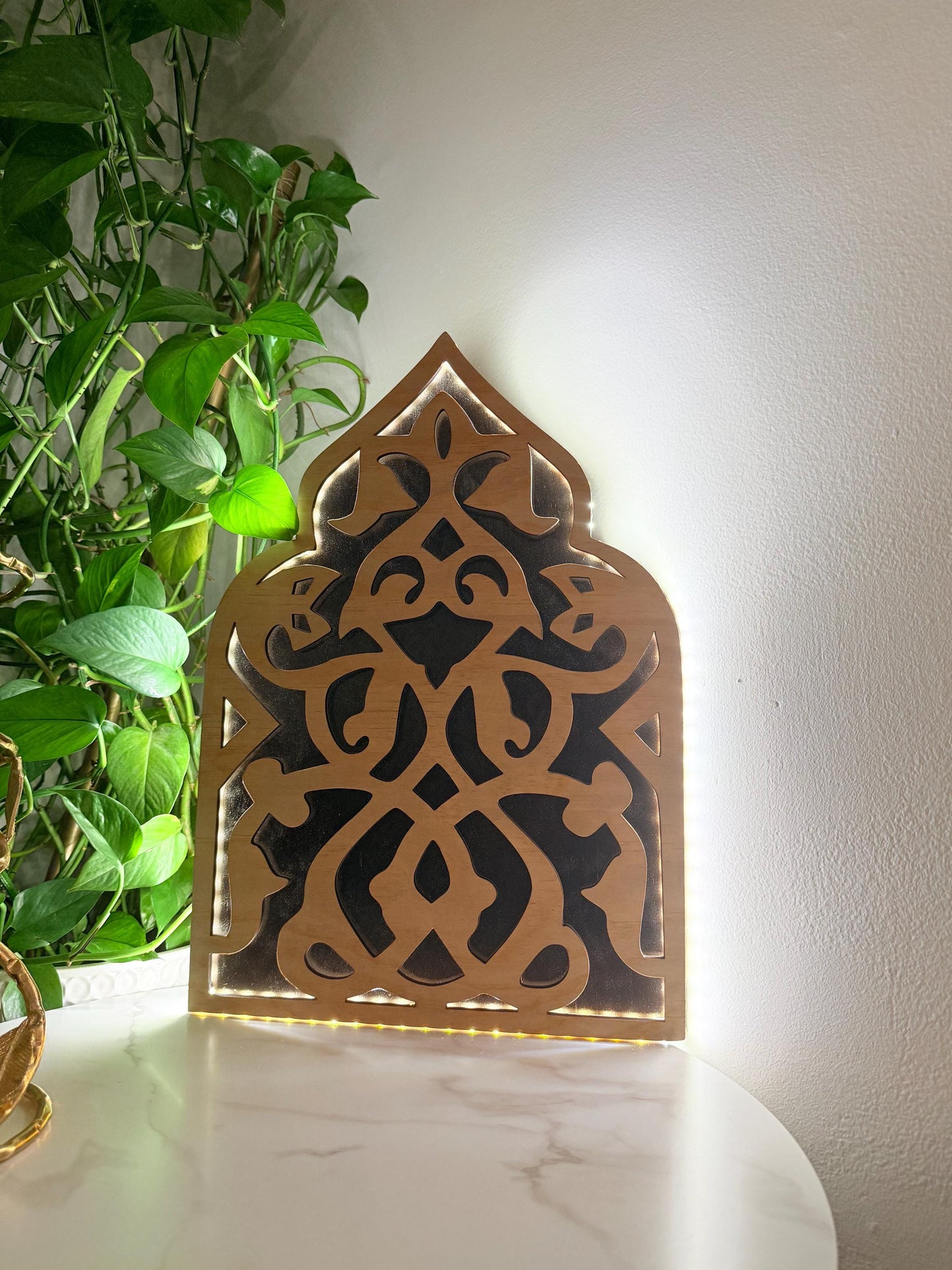 Backlit Wood Wall Art | LED Modern Boho Decor | Arabic-Inspired Geometric Panel | Custom Sizes Available | Entryway or Living Room Accent