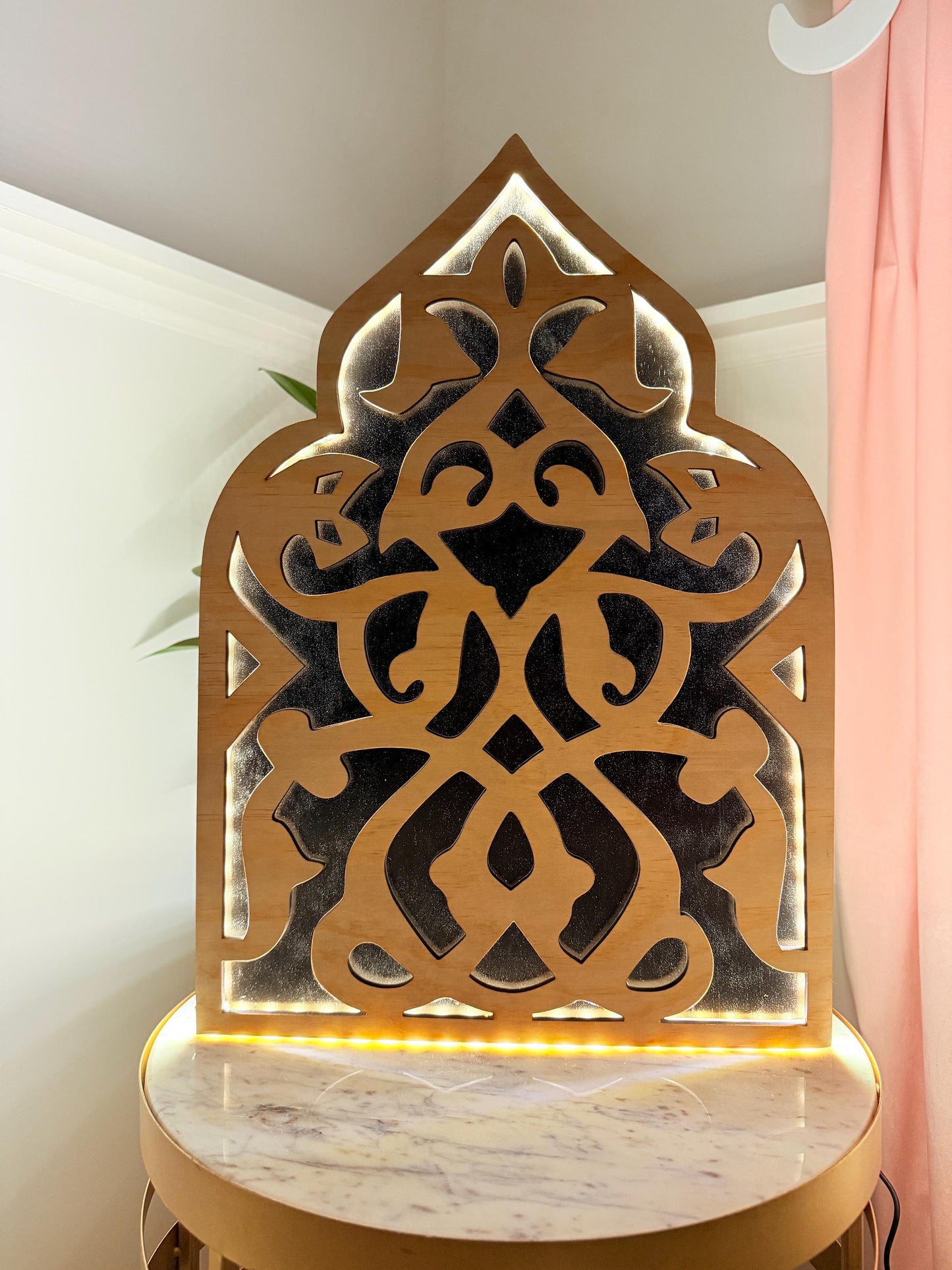 Backlit Wood Wall Art | LED Modern Boho Decor | Arabic-Inspired Geometric Panel | Custom Sizes Available | Entryway or Living Room Accent