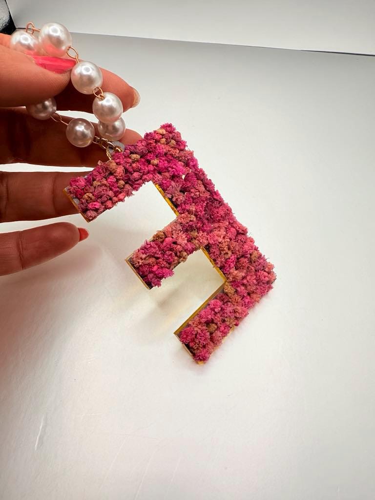 Custom Acrylic Car Hanging – Floral Gold Mirror Initial with Pearls – Unisex Rearview Mirror Charm – Single or Pair – Aesthetic Gift